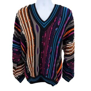 Coogi Mens L Sweater Multicolor Australia Vintage 3D Knit Pure Wool V-Neck